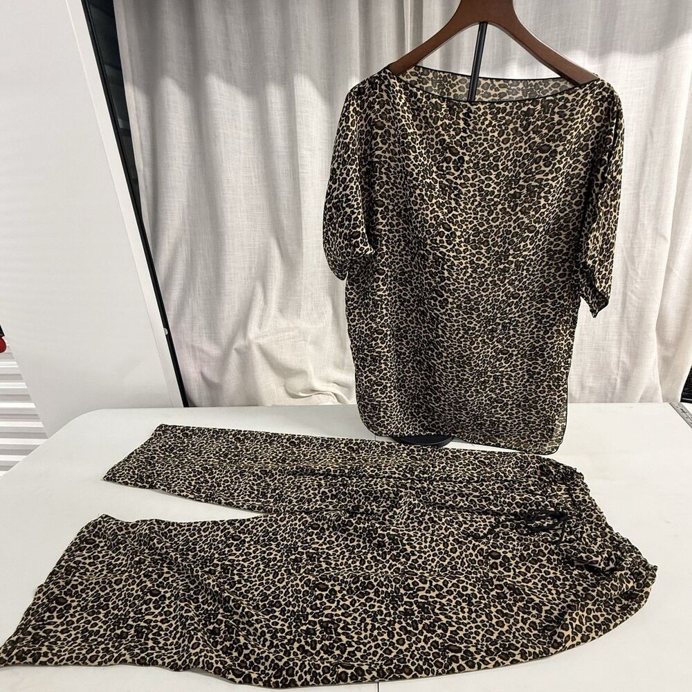 Leopard Animal Print 2 Piece Loungewear Set Sheer Short Sleeve Top & Pants